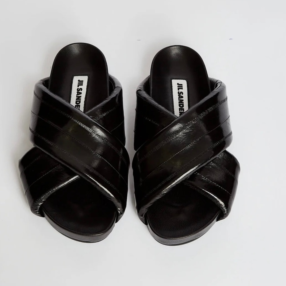 JIL SANDER Criss-Cross Slides Eel Black Leather Sandals sz37